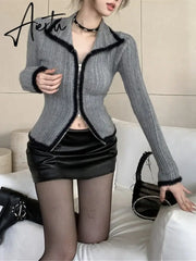 Aiertu Patchwork Vintage Double Zipper Knitted Sweaters Grunge Y2k Aesthetic Slim Coats Turn Down Collar Harajuku Casual Women Cardigan Aiertu