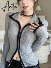 Aiertu Patchwork Vintage Double Zipper Knitted Sweaters Grunge Y2k Aesthetic Slim Coats Turn Down Collar Harajuku Casual Women Cardigan Aiertu