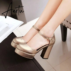 Aiertu Patent PU Leather Gold Pumps for Ladies Big Plus Size Two-piece Style High-heeled Shoes Women Platform Pumps Aiertu