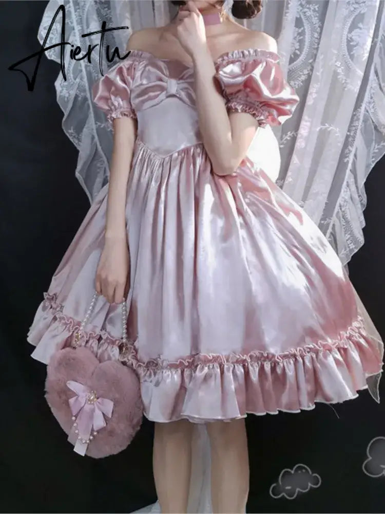 Aiertu Philosophy Women Vintage Princess Dress Satin Silky Lace Ruffles Bow Party Lolita Dress Kawaii Sweet Pink Dress Summer Chic Aiertu
