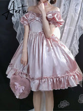 Aiertu Philosophy Women Vintage Princess Dress Satin Silky Lace Ruffles Bow Party Lolita Dress Kawaii Sweet Pink Dress Summer Chic Aiertu