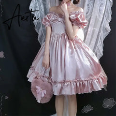 Aiertu Philosophy Women Vintage Princess Dress Satin Silky Lace Ruffles Bow Party Lolita Dress Kawaii Sweet Pink Dress Summer Chic Aiertu
