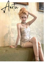 Aiertu Pieces of Super Immortal Giant Show Slim Sweetheart Blossom Falling Halo Dyed Printed Dress for Women's Summer New Rugged Irregular Aiertu