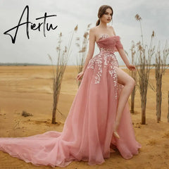 Aiertu Pink A-Line Appliques Tulle Prom Dress Sweetheart One Shoulder Straps Evening Gowns Sexy High Slit Party Dresses robe Aiertu