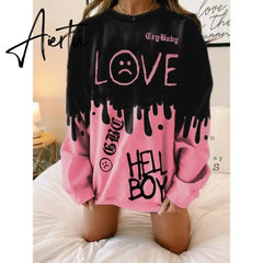 Aiertu Pink Black Letter Print Oversized Crewneck Sweatshirt Women Loose O Neck Long Sleeve Pullover Thin Fashion Tops Spring Fall Aiertu