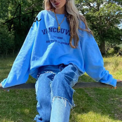 Aiertu Pink Black Letter Print Oversized Crewneck Sweatshirt Women Loose O Neck Long Sleeve Pullover Thin Fashion Tops Spring Fall Aiertu