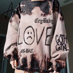 Aiertu Pink Black Letter Print Oversized Crewneck Sweatshirt Women Loose O Neck Long Sleeve Pullover Thin Fashion Tops Spring Fall Aiertu