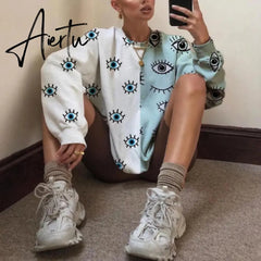 Aiertu Pink Black Letter Print Oversized Crewneck Sweatshirt Women Loose O Neck Long Sleeve Pullover Thin Fashion Tops Spring Fall Aiertu