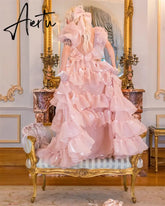 Aiertu Pink Chameleon Edge Curl A-line Sweetheart Puffy Short Sleeves Floor-Length Prom Dresses Aiertu