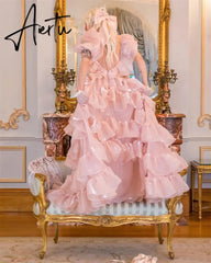 Aiertu Pink Chameleon Edge Curl A-line Sweetheart Puffy Short Sleeves Floor-Length Prom Dresses Aiertu