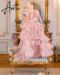 Aiertu Pink Chameleon Edge Curl A-line Sweetheart Puffy Short Sleeves Floor-Length Prom Dresses Aiertu