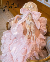 Aiertu Pink Chameleon Edge Curl A-line Sweetheart Puffy Short Sleeves Floor-Length Prom Dresses Aiertu