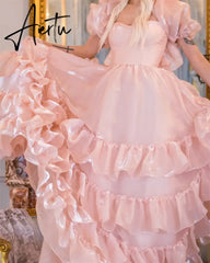 Aiertu Pink Chameleon Edge Curl A-line Sweetheart Puffy Short Sleeves Floor-Length Prom Dresses Aiertu