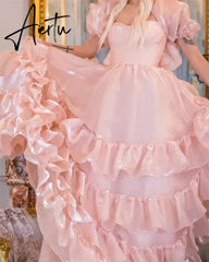 Aiertu Pink Chameleon Edge Curl A-line Sweetheart Puffy Short Sleeves Floor-Length Prom Dresses Aiertu