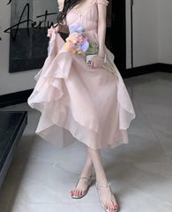 Aiertu Pink Corset Midi Dress Women Beach Style Elegant Sexy Strap Dress Party Sweet Fairy One Piece Dress Summer Chic Aiertu