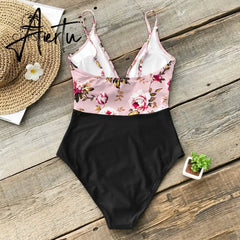 Aiertu Pink Floral One-Piece Swimsuit Women High Leg Cut Sexy Monokini Bathing Suits New Girls Beach Bathing Suit Swimwear Aiertu