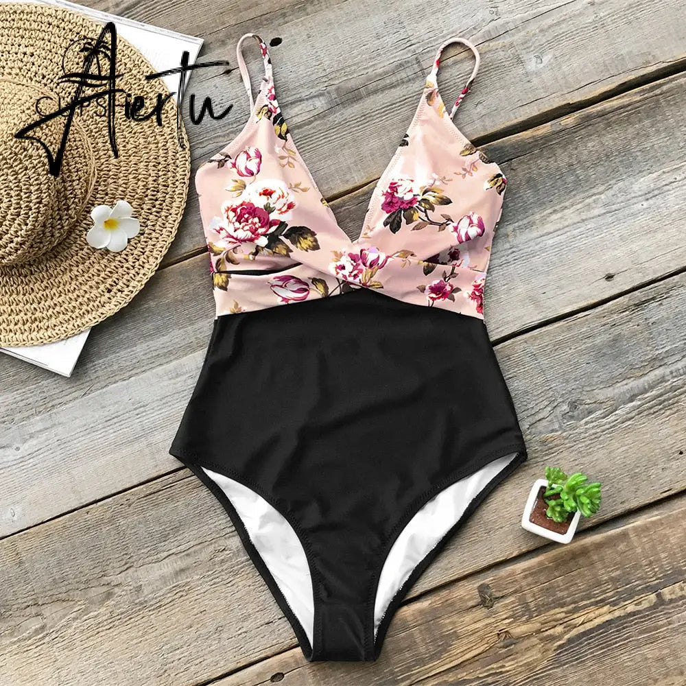 Aiertu Pink Floral One-Piece Swimsuit Women High Leg Cut Sexy Monokini Bathing Suits New Girls Beach Bathing Suit Swimwear Aiertu