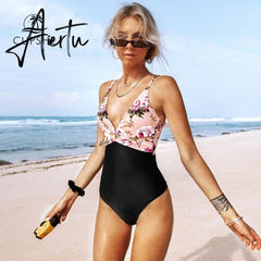 Aiertu Pink Floral One-Piece Swimsuit Women High Leg Cut Sexy Monokini Bathing Suits New Girls Beach Bathing Suit Swimwear Aiertu