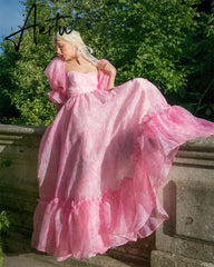 Aiertu Pink Floral Print A-line Chiffon Sweetheart Puffy Sleeves Sweep Train Prom Dresses 2024 Aiertu