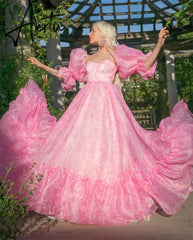 Aiertu Pink Floral Print A-line Chiffon Sweetheart Puffy Sleeves Sweep Train Prom Dresses 2024 Aiertu