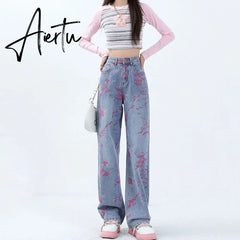 Aiertu Pink Purple Embroidered Jeans For Women Fashion Splash-ink Wide Leg Denim Pants Design Sense High Waist Loose Straight Trousers Aiertu