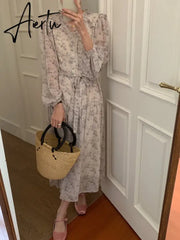 Aiertu Pink Sexy V-neck Chic Pace-up Floral Female Dresses Casual Slim Waist Sweet Elegant Long Sleeve 2-colors Women's Dresses Aiertu