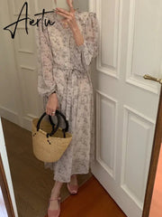 Aiertu Pink Sexy V-neck Chic Pace-up Floral Female Dresses Casual Slim Waist Sweet Elegant Long Sleeve 2-colors Women's Dresses Aiertu
