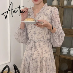 Aiertu Pink Sexy V-neck Chic Pace-up Floral Female Dresses Casual Slim Waist Sweet Elegant Long Sleeve 2-colors Women's Dresses Aiertu