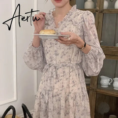 Aiertu Pink Sexy V-neck Chic Pace-up Floral Female Dresses Casual Slim Waist Sweet Elegant Long Sleeve 2-colors Women's Dresses Aiertu