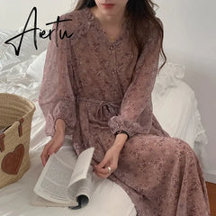 Aiertu Pink Sexy V-neck Chic Pace-up Floral Female Dresses Casual Slim Waist Sweet Elegant Long Sleeve 2-colors Women's Dresses Aiertu