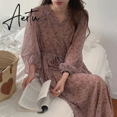 Aiertu Pink Sexy V-neck Chic Pace-up Floral Female Dresses Casual Slim Waist Sweet Elegant Long Sleeve 2-colors Women's Dresses Aiertu