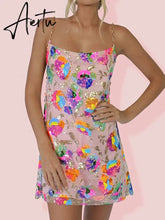 Aiertu Pink Shine Sequin Backless Slip Mini Dress White Sexy Chain Straps Short Tulle Cocktail Summer Party Night Dresses Lush Prom New Aiertu