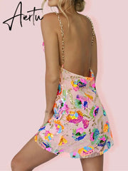 Aiertu Pink Shine Sequin Backless Slip Mini Dress White Sexy Chain Straps Short Tulle Cocktail Summer Party Night Dresses Lush Prom New Aiertu