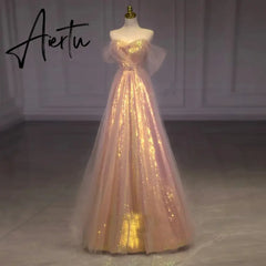 Aiertu Pink Sparking Evening Dress for Women A-Line vestidos de noche mujer Off the Shoulder Prom Party Gown vestidos para mujer Aiertu