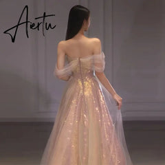 Aiertu Pink Sparking Evening Dress for Women A-Line vestidos de noche mujer Off the Shoulder Prom Party Gown vestidos para mujer Aiertu