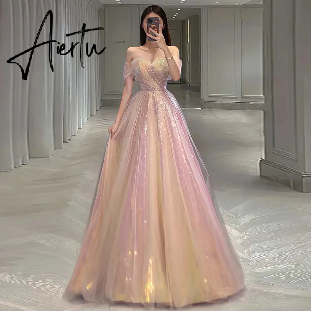 Aiertu Pink Sparking Evening Dress for Women A-Line vestidos de noche mujer Off the Shoulder Prom Party Gown vestidos para mujer Aiertu