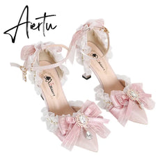 Aiertu Pink Sweet Cute Lolita Women High-Heeled Shoes Spring and Autumn Fashion Bow Diamond Pointed Sandals Fairy Style Party Pumps Aiertu