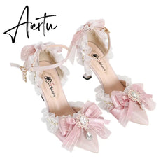 Aiertu Pink Sweet Cute Lolita Women High-Heeled Shoes Spring and Autumn Fashion Bow Diamond Pointed Sandals Fairy Style Party Pumps Aiertu