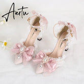 Aiertu Pink Sweet Cute Lolita Women High-Heeled Shoes Spring and Autumn Fashion Bow Diamond Pointed Sandals Fairy Style Party Pumps Aiertu