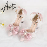 Aiertu Pink Sweet Cute Lolita Women High-Heeled Shoes Spring and Autumn Fashion Bow Diamond Pointed Sandals Fairy Style Party Pumps Aiertu
