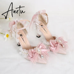 Aiertu Pink Sweet Cute Lolita Women High-Heeled Shoes Spring and Autumn Fashion Bow Diamond Pointed Sandals Fairy Style Party Pumps Aiertu