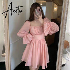 Aiertu Pink Sweet Elegant Princess Dress Women Casual Korean Slim Long Sleeve Fairy Dress Female Backless Design Vintage Dress New Aiertu