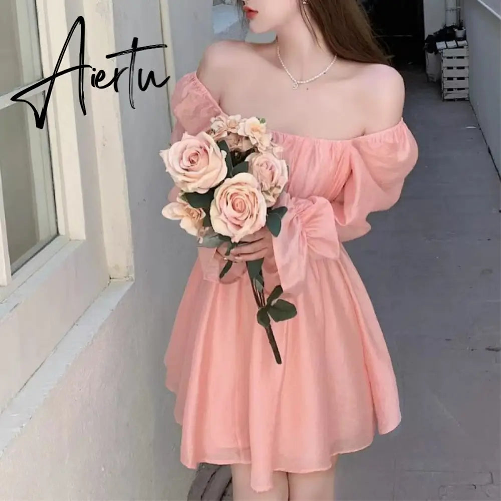 Aiertu Pink Sweet Elegant Princess Dress Women Casual Korean Slim Long Sleeve Fairy Dress Female Backless Design Vintage Dress New Aiertu