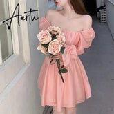 Aiertu Pink Sweet Elegant Princess Dress Women Casual Korean Slim Long Sleeve Fairy Dress Female Backless Design Vintage Dress New Aiertu