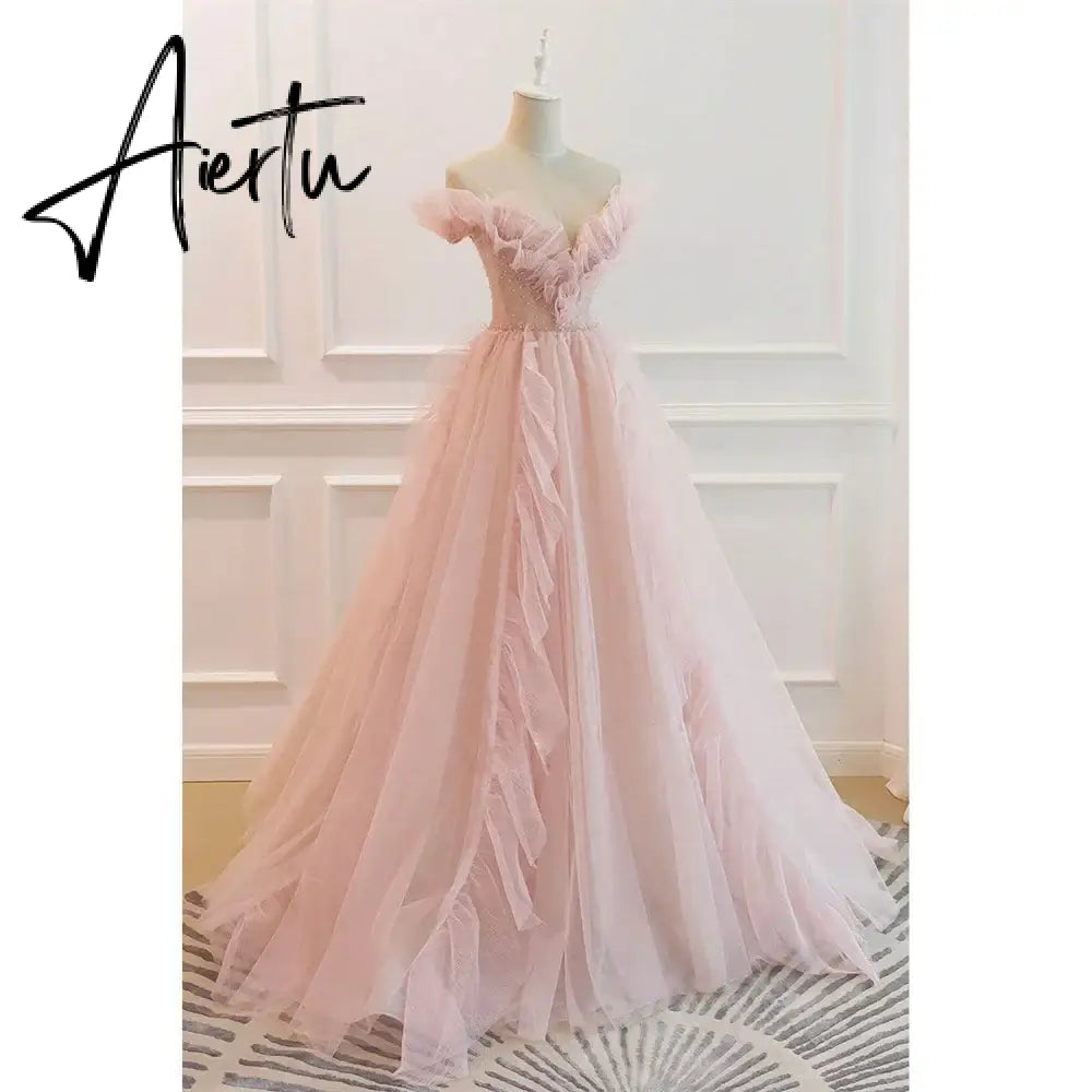 Aiertu Pink Tulle Charming Prom Dress Gown A-Line Formal Gown Beading Off The Shoulder Evening Gown Custom Size vestidos de noche Aiertu