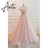 Aiertu Pink Tulle Charming Prom Dress Gown A-Line Formal Gown Beading Off The Shoulder Evening Gown Custom Size vestidos de noche Aiertu