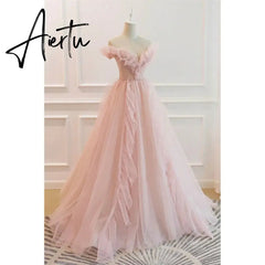 Aiertu Pink Tulle Charming Prom Dress Gown A-Line Formal Gown Beading Off The Shoulder Evening Gown Custom Size vestidos de noche Aiertu