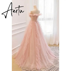 Aiertu Pink Tulle Charming Prom Dress Gown A-Line Formal Gown Beading Off The Shoulder Evening Gown Custom Size vestidos de noche Aiertu