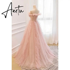 Aiertu Pink Tulle Charming Prom Dress Gown A-Line Formal Gown Beading Off The Shoulder Evening Gown Custom Size vestidos de noche Aiertu