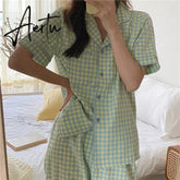 Aiertu Plaid Women's Pajamas Female Brief Lounge Set Woman 2 Pieces Sleepwear Suit Pijama Korean Short Sleeve Pyjamas Nightwear Aiertu